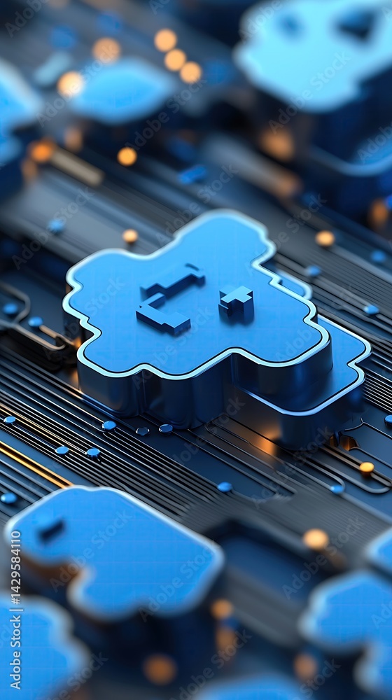 Poster abstract blue 3d render of a circuit board with cloud computing icons