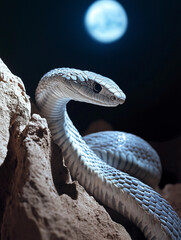Fototapeta premium Gray snake emerging from rock illuminated by full moon