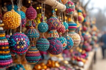 Fototapeta premium Colorful Handcrafted Beaded Ornaments Displayed in a Festive Market Setting for Holiday Decorat