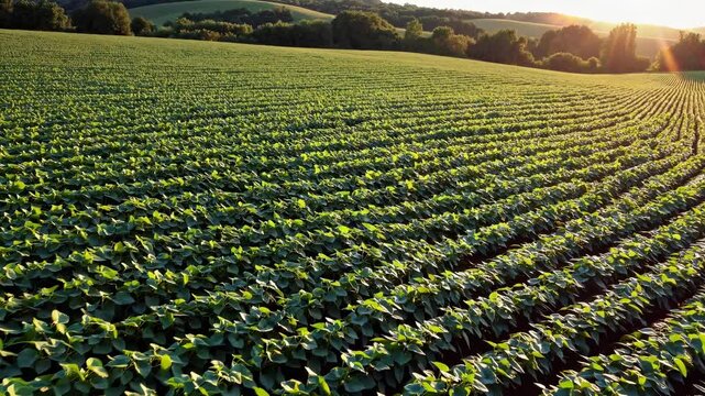 A large, well-maintained soybean field stretches into the distance, with neatly spaced rows and trees bordering the field. The sun is low in the sky, casting a warm, soft light.
