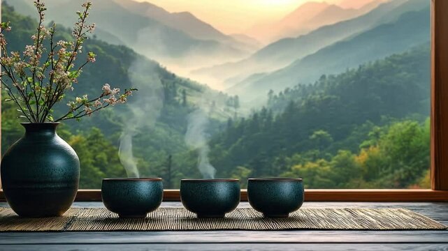 Serene Mountain Tea Ceremony: A Tranquil Sunrise View