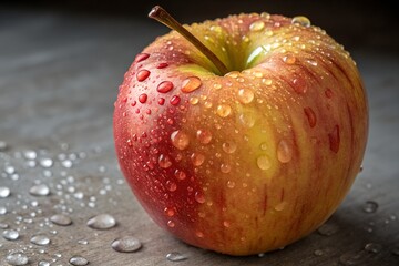 Close-Up of Glistening Red and Yellow Apple with Water Droplets on Dark Wooden Surface


