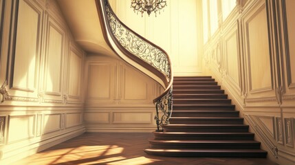 Classic ornate stairway with sunlight streaming into the mansion hall. Use for luxury ads