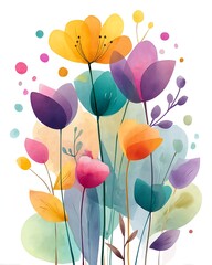 A watercolor illustration of a wildflower bouquet in a loose impressionistic style with colorful splashes on a white background