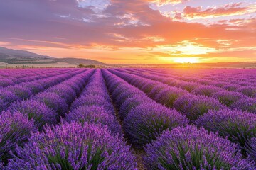 Obraz premium Lavender fields bloom under a vibrant sunset in a tranquil rural landscape