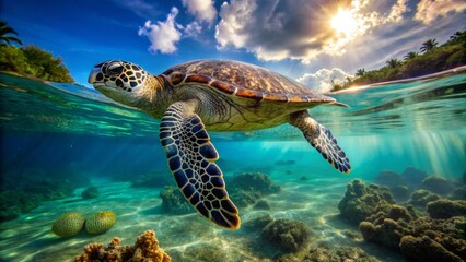 Majestic Sea Turtle Gracefully Navigating Vibrant Coral Reef Under a Sun-Drenched Sky