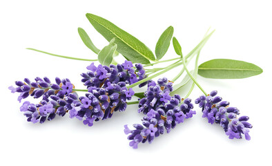 Lavender flowers and leaves isolated on a white background.