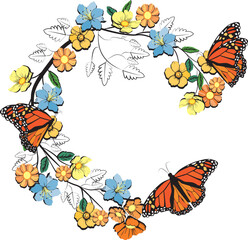 circle of flowers with butterflies