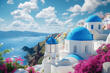 Increases the number of Greek island vacation background images with blue domes, white houses, and vibrant flowers in Santorini.