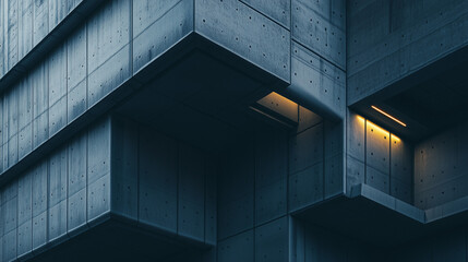 Obraz premium Modern brutalist concrete building with geometric forms and soft yellow lighting in a dark moody atmosphere.