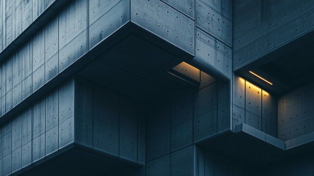 Modern brutalist concrete building with geometric forms and soft yellow lighting in a dark moody atmosphere.