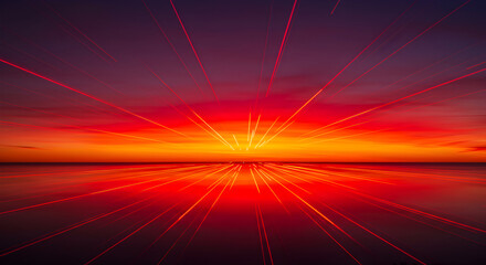 Fototapeta premium Radiant Horizon: Abstract Lines Converging at Sunset Over Water Surface