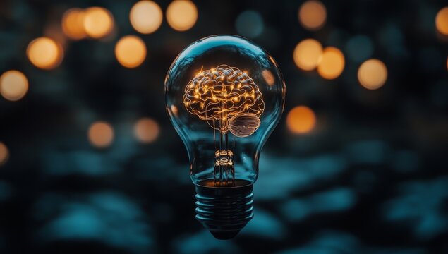 Illuminated brain inside a lightbulb, symbolizing ideas and innovation.  A glowing brain within a classic incandescent lightbulb.