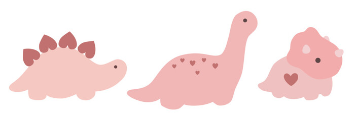 Cute pink dinosaur white background illustration. Pink dino vector.  