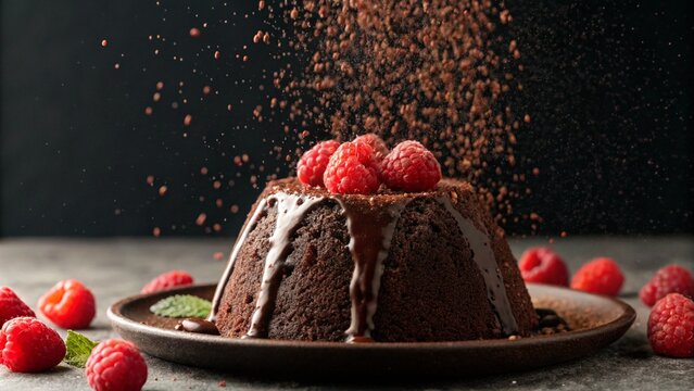 Against a dark background, a chocolate cake with a hole in the middle and a glossy glaze is topped with raspberries, with a dusting of powder visible in the air, representing the visual appeal of deca