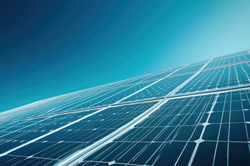 Vast solar panel array under a clear blue sky, generating clean energy.