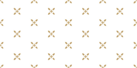 Vector floral minimalist seamless pattern. Abstract gold and white minimal geometric ornament with small flowers, stars, leaves. Simple luxury background. Subtle golden texture. Repeated easy design