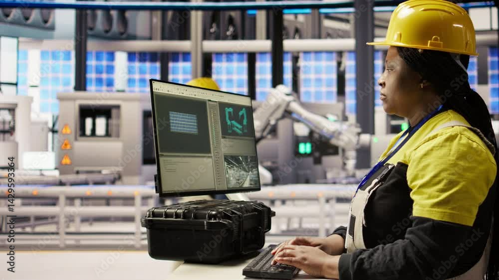 Poster woman in smart factory expert uses computer to implement automated workflows. african american techn