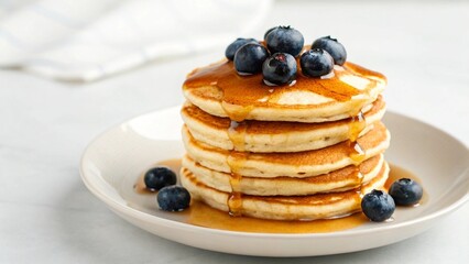 Against a blurred light background, a stack of pancakes with blueberries and syrup is in sharp focus, representing the visual appeal of a comforting breakfast and the tempting nature of warm pancakes 