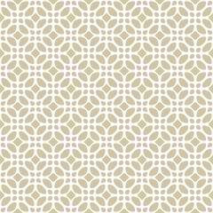 Vector gold and white floral ornament. Abstract geometric seamless pattern with flower silhouettes, leaves. Simple luxury golden background in oriental style.  Repeated ornamental texture. Geo design