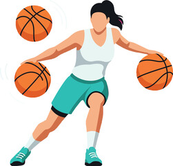 Female basketball player dribbling three orange basketballs in sports action vector illustration 