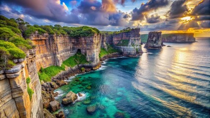 Fototapeta premium A Majestic Coastal Panorama at Sunrise, Featuring Dramatic Cliffs and Vibrant Turquoise Waters