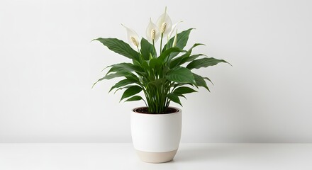 Fototapeta premium Peace lily plant in a white pot against a plain white background in a studio setting for decoration