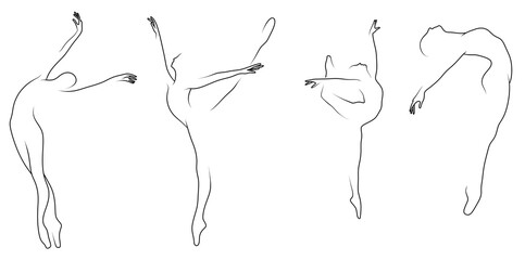 Minimalistic silhouettes of dancing people are drawn with lines. Line drawing of ballerinas and dancers. Elegant jumps during the dance. The concept of lightness and healthy lifestyle  © Andrew L