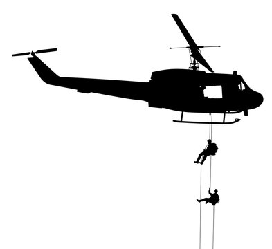 Silhouette of a US Army military helicopter with soldiers rappelling down a rope. Isolated illustration of a helicopter in the air carrying out a landing of soldiers. Military paratroopers.