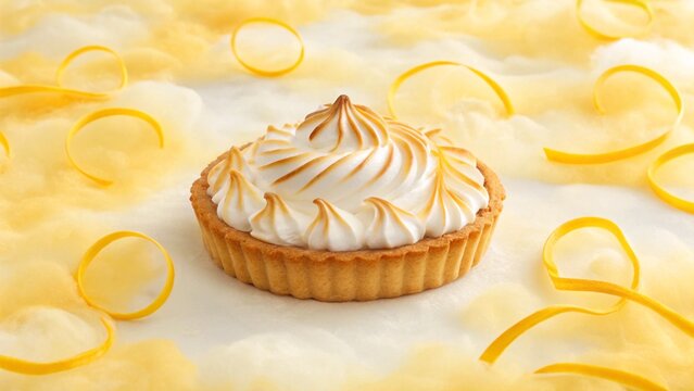 Against a blurred light background with scattered decorations, a lemon meringue tart is prominent, showcasing its golden crust, yellow filling, and swirled meringue, representing the visual appeal of  - Powered by Adobe