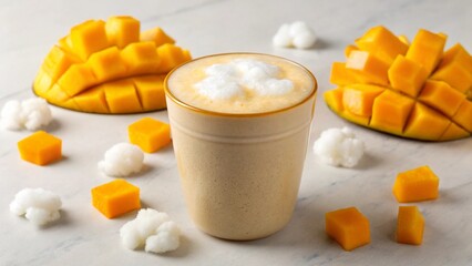 A close-up of a glass cup filled with a creamy latte or coffee drink, topped with white foam, symbolizing beverages, coffee culture, warmth, comfort, deliciousness, cafe experience (implied), and the 
