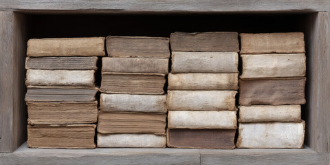 Several stacks of old, weathered books with thick, textured covers are neatly arranged on a wooden shelf, creating a vintage, nostalgic atmosphere
