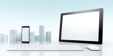 Digital tablet, smartphone, and keyboard on a reflective white surface with skyscraper silhouettes, creating a modern 