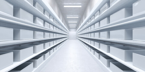 Fototapeta premium Symmetrical corridor with endless shelves holding numerous white boxes extending towards bright vanishing point, suggesting a modern storage facility or warehouse