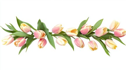 Delicate pastel tulips arranged in a horizontal garland.  Fresh, light pink and cream colored blossoms with vibrant green leaves create a beautiful floral display