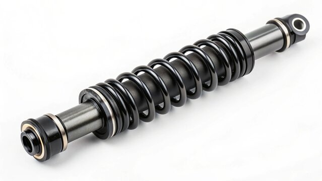 A close-up of a black automotive shock absorber with a visible spring and mounting points, symbolizing engineering, mechanics, suspension, vehicle parts, technology, automotive industry, and the robus