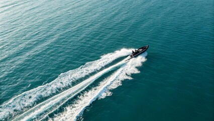 Naklejka premium Against a backdrop of vast blue-green water, a fast-moving boat with a prominent wake is the central focus from above, representing the visual appeal of high-speed watercraft and the exciting sense of