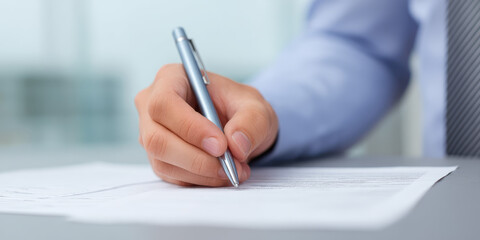 A hand is holding a pen, poised to write on a stack of documents on a smooth surface. The person is wearing a formal blue shirt and a striped tie, business setting