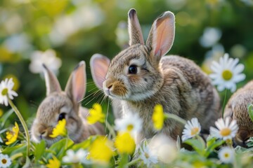 Fototapeta premium Two rabbits exploring a meadow filled with colorful flowers during a warm spring afternoon