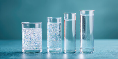 Four glass cylinders arranged in a row, filled to varying heights with clear, sparkling liquid containing bubbles, reflecting light, creating a minimalist and clean aesthetic