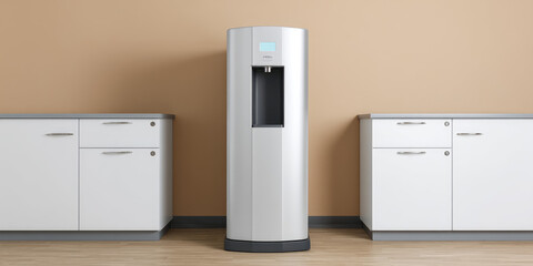 Sleek metallic water dispenser flanked by modern white cabinets with silver handles; tan background.  