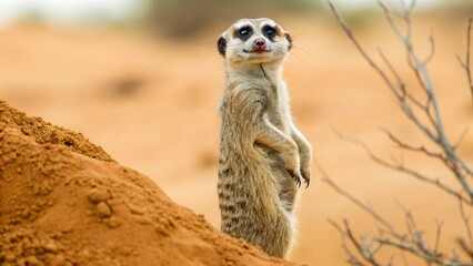 Against a blurred backdrop of sand and dry vegetation, an alert meerkat is prominent, in its characteristic upright pose, representing the visual appeal of desert wildlife and the captivating nature