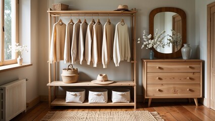 a cozy, rustic-style wardrobe setup in a softly lit room. The layout features a wooden clothing rack mounted on the wall