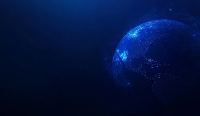 A stylized, glowing depiction of Earth.  Night view,  accentuating city lights.  Dark background for emphasis