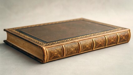 Obraz premium A close-up of an old, leather-bound hardback book lying flat, with visible spine details and textured cover, symbolizing history, knowledge, literature, education, vintage, antique, wisdom, and the va