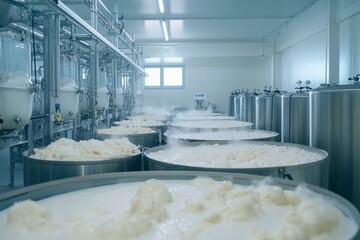 Large vats of dairy products are steaming inside a well-lit processing facility. The machinery and containers maintain a sterile environment for production