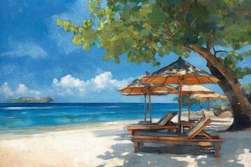 Tropical beach paradise.  Relaxing beach scene with sun umbrellas and lounge chairs under a shady tree