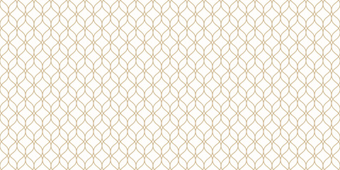 Luxury vector seamless pattern in Islamic style. Golden delicate mesh, grid, lattice, thin curved lines. Abstract geometric ornament. Gold and white background texture. Elegant repeated geo design