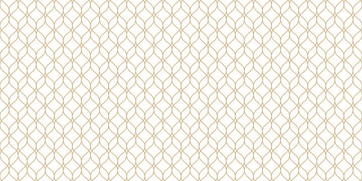 Luxury vector seamless pattern in Islamic style. Golden delicate mesh, grid, lattice, thin curved lines. Abstract geometric ornament. Gold and white background texture. Elegant repeated geo design