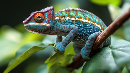 Obraz premium Vibrant chameleon perched on a branch amongst lush foliage.